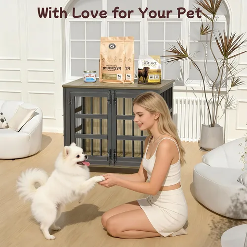 Miniatura 7 de Jaula para perros de 26 pulgadas, jaulas para perros de razas grandes, jaulas para perros interiores de madera, mesa auxiliar, jaula combinada