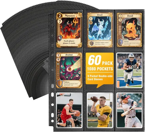 Miniatura 10 de Paquete de 20 fundas negras de 360 bolsillos para tarjetas coleccionables, fundas gruesas de doble cara para tarjetas de juego para carpeta de 3