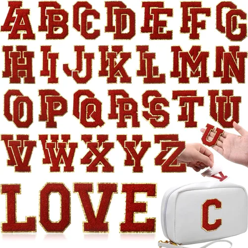 Miniatura 30 de WILLBOND 52 parches autoadhesivos de letras de felpilla de 2.2/2.8 pulgadas A-Z, calcomanías bordadas del alfabeto para ropa, bolsa, sombrero