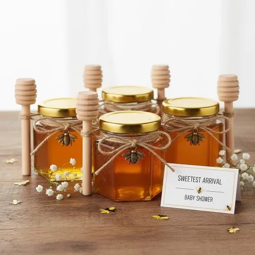 Miniatura 3 de Adabocute Mini tarros de miel – Tarro hexagonal de miel de vidrio con tapas doradas, cubos de madera, abalorios de abeja y yutes – Pequeños tarros