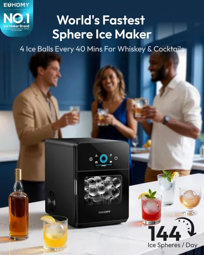 Miniatura 2 de EUHOMY Encimera para hacer bolas de hielo de 2 pulgadas, 4 piezas listas en 40 minutos, 144 unidades/día, máquina de hielo de esfera autolimpiante