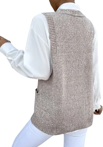Miniatura 2 de Romwe Suéter de gran tamaño para mujer, cuello en V, doble bolsillo lateral, sin mangas, suéter de punto marmolado, suéter sin mangas
