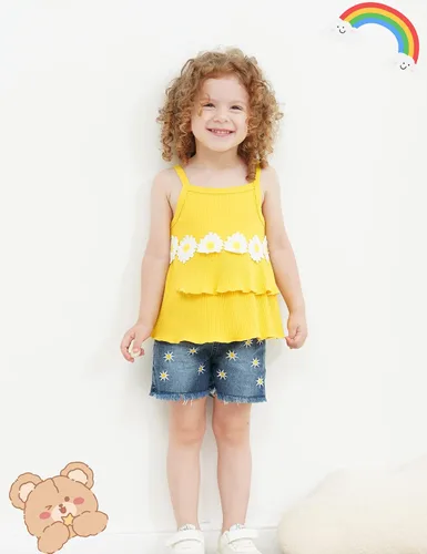 Miniatura 2 de Traje de verano de 2 piezas para niñas pequeñas, conjunto corto de girasol sin mangas
