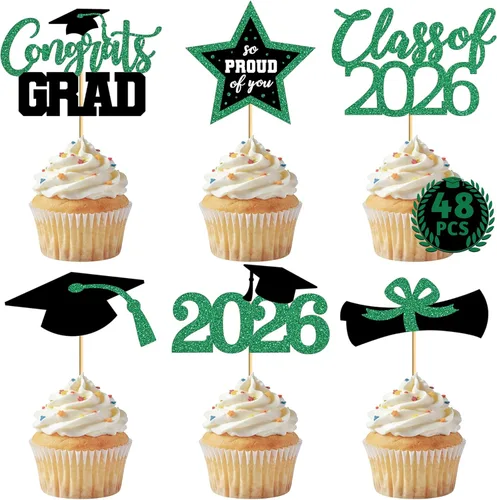 Miniatura 17 de 48 adornos para cupcakes de graduación, 6 estilos con purpurina, decoraciones de graduación en negro y rojo 2026, tapas y palillos para pasteles