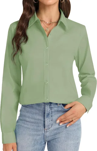 Miniatura 16 de Camisas con botones J.VER para mujer con cuello elástico y manga larga de algodón, camisa de vestir casual de negocios para el trabajo
