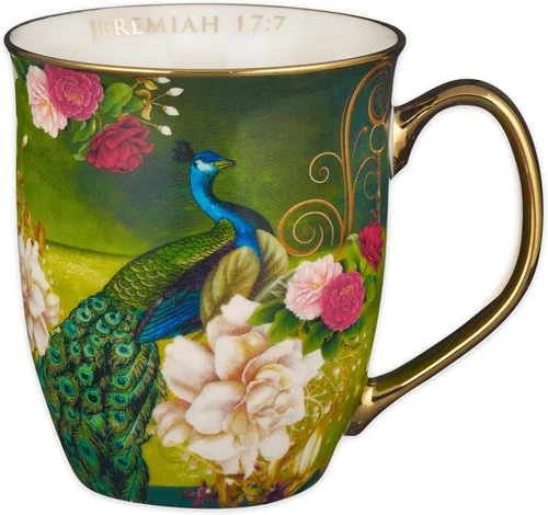 Taza de café de cerámica azul pavo real de Christian Art Gifts con acentos dorados – Taza de 14 oz. libre de plomo y cadmio, taza inspiradora de