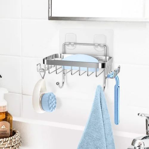Miniatura 2 de ODesign Soporte para jabonera SUS304 de acero inoxidable con 6 ganchos, esponja de baño de lufa, soporte para maquinilla de afeitar para baño, Plata