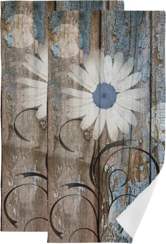 Juego de 2 toallas de mano de color azul y marrón para baño, diseño rústico de margaritas blancas y florales, de primavera, suaves, absorbentes,