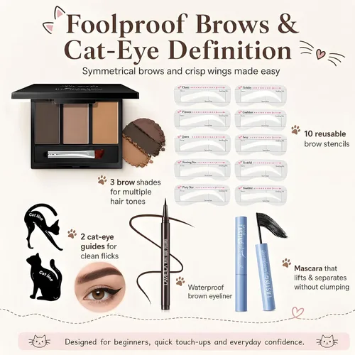 Miniatura 4 de Kit básico de maquillaje de ojos para mujeres, sombra de ojos neutra de los años 90, polvo de cejas, plantillas de cejas, guías de delineador