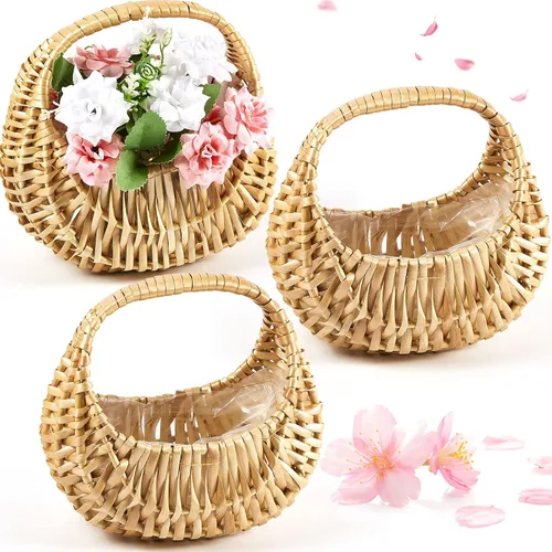 Miniatura 11 de Taiyin Paquete de 3 cestas de mimbre de mimbre de paja de media luna con asa, ideal para boda, niña, picnic, almacenamiento de jardín y decoración