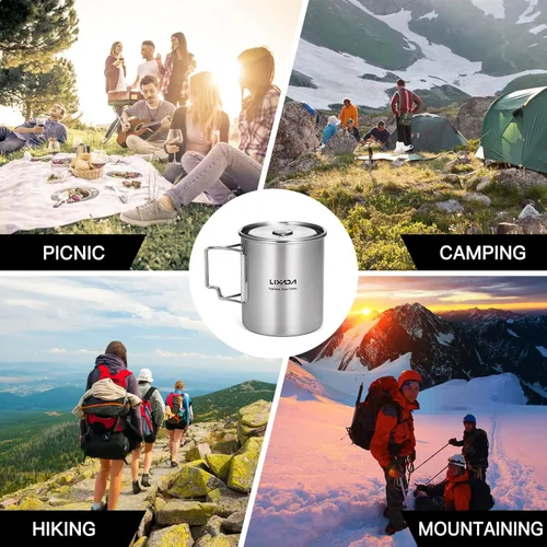 Miniatura 9 de LIXADA Taza para acampar, taza de agua de acero inoxidable de 25.4 fl oz con asas plegables y tapa para acampar al aire libre, senderismo, mochilero