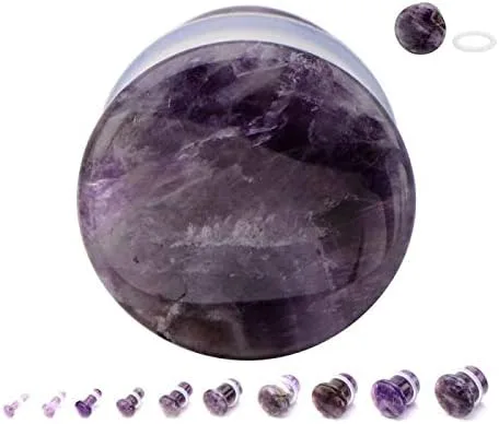Miniatura 2 de Pierced Owl - Amethyst Natural Stone Single Flare Plugs with Clear O Ring, Sold as a Pair