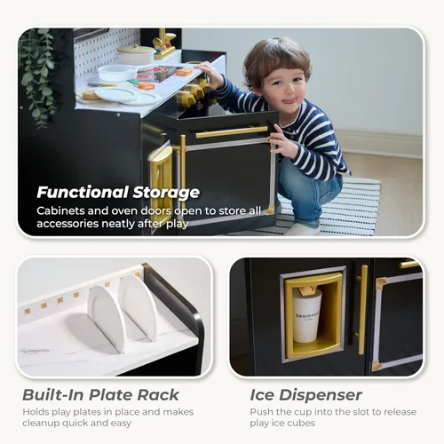 Miniatura 4 de Teamson Kids Juego de cocina de madera para niños pequeños con accesorios, juego de cocina simulada para niños de 3 años en adelante, juego de Negro