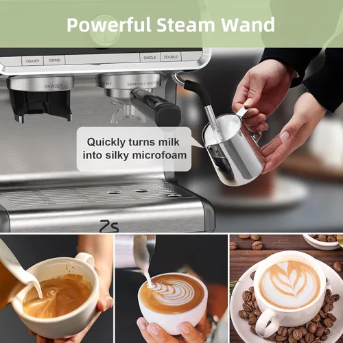 Miniatura 6 de Máquina de café espresso semiautomática, cafetera profesional de 20 bar con molinillo, calentamiento rápido de 1450 W, 30 ajustes de molienda