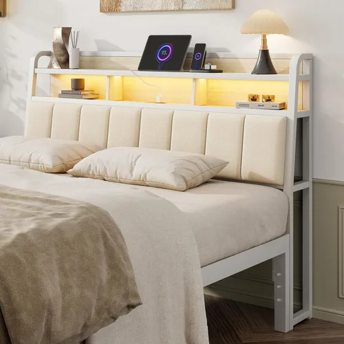 Miniatura 16 de Cabecera completa solo con almacenamiento, cabeceros tapizados para cama de tamaño matrimonial con luz LED, estación de carga, altura ajustable