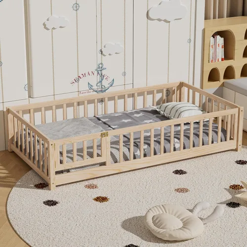 Miniatura 19 de Marco de cama Montessori de madera de tamaño individual con listones de madera, valla y puerta para niños, niñas y niños, espresso