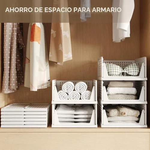 Miniatura 3 de Pinkpum Paquete de 6 organizadores de armario, cesta apilable de plástico para ropa, contenedores de almacenamiento apilables para estantes, Blanco