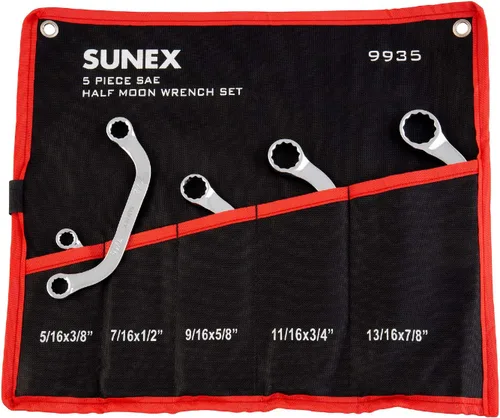 Sunex Tools 9935 SAE - Juego de llaves de media luna, 5/16 x 3/8 pulgadas - 13/16 x 7/8 pulgadas, totalmente pulido, 5 piezas (incluye caja de rollo)
