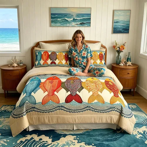 Miniatura 82 de Manfei Go Fishing Juego de edredón tamaño King para niños, juego de ropa de cama con diseño geométrico de peces de bass y rombos, decoración