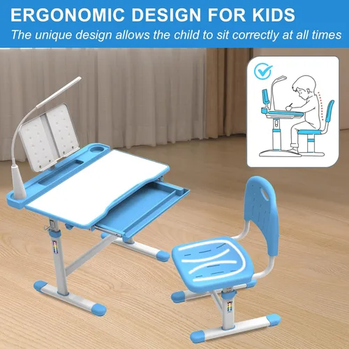 Miniatura 3 de BELANITAS Juego de escritorio y silla para niños, escritorio escolar de altura ajustable para niños, inclinable de 40 grados con 3 modos de luz