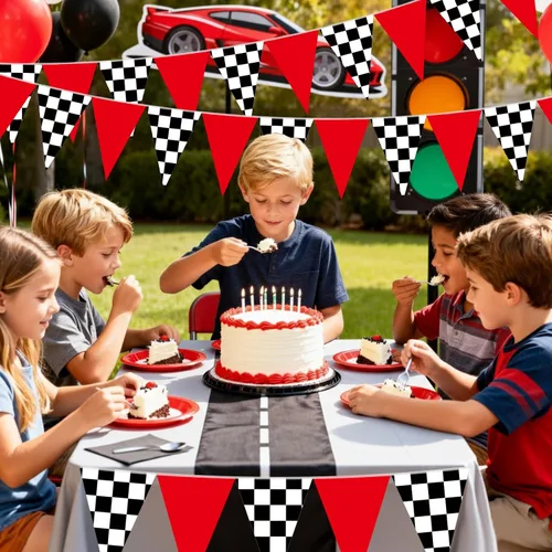 Miniatura 4 de Tiamon 5 banderas de coche de carreras, decoraciones de fiesta, rojo, negro y blanco, triángulo a cuadros de 49.2 pies, banderines de carreras