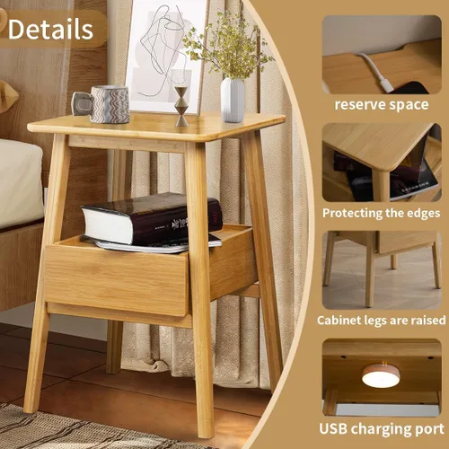 Miniatura 2 de Mesita de noche con cajón, mesita de noche moderna de mediados de siglo, mesitas de noche con estante de almacenamiento abierto, mesa auxiliar