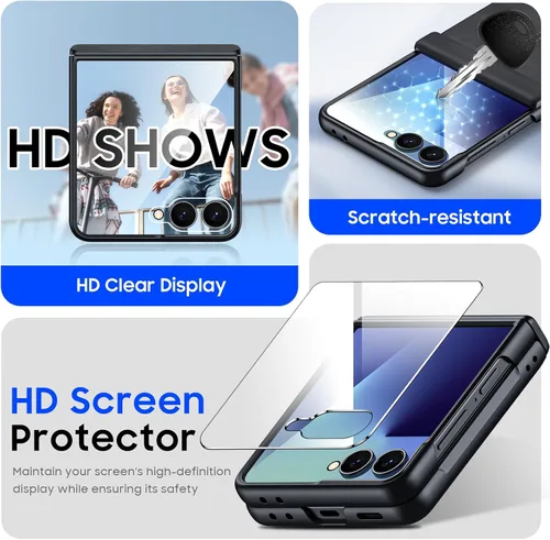 Miniatura 4 de para Samsung Galaxy Z Flip 7 Funda con protección de bisagras y protector de pantalla incorporado, funda de cuero mate de policarbonato ultradelgada