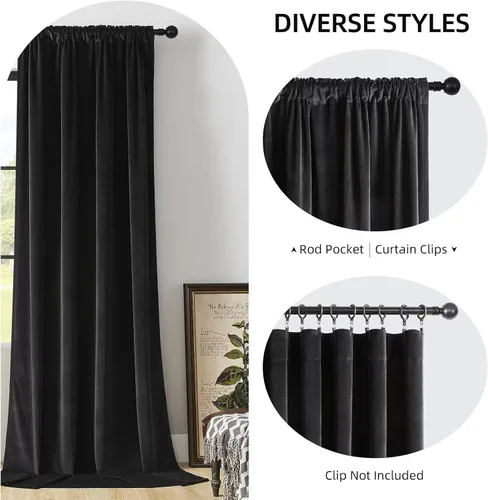 Miniatura 2 de Joydeco Cortinas de terciopelo negro de 63 pulgadas de largo, 2 paneles, cortinas opacas de lujo con bolsillo para barra, cortinas de ventana
