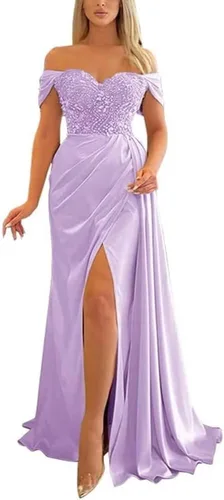 Miniatura 2 de KMQSY Vestido de fiesta de sirena con hombros descubiertos plisado de satén con cuentas de hendidura vestido formal hasta el suelo cuello en V