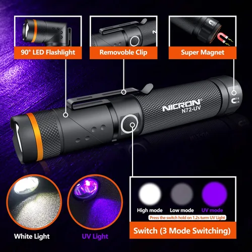 Miniatura 3 de NICRON linterna UV, N72-UV 800LM luz blanca, cambia libremente entre luz blanca y luz UV, detector para orina de perro, manchas húmedas, chinches