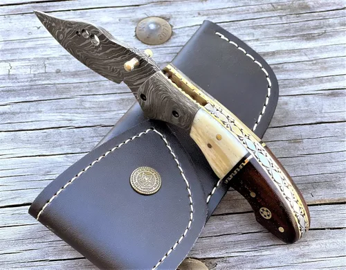Miniatura 5 de Cuchillo de bolsillo de acero de Damasco para hombres con funda de cuero, cuchillos de caza plegables hechos a mano de 7 pulgadas, con asa, cuchillo