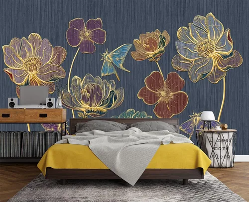 Miniatura 3 de Papel pintado 3D de flores doradas en relieve para dormitorio, 103 x 69 pulgadas