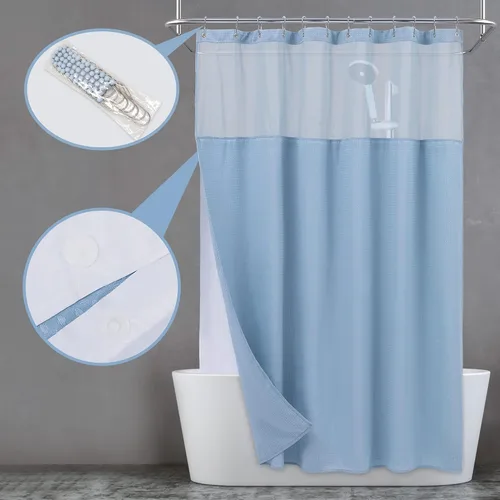 Miniatura 6 de N&Y HOME - Cortina de ducha de punto gofre con forro de tela a presión y juego de ganchos, estilo hotel, impermeable y lavable, de tela pesada