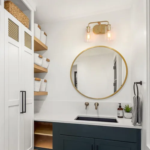 Miniatura 3 de KSANA Lámparas de baño, 2 luces doradas para tocador sobre espejo con pantalla de vidrio sembrado, accesorios de luz de baño dorados, bombilla E26