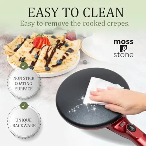 Miniatura 7 de Máquina de crepé eléctrica Moss & Stone de 8 pulgadas, máquina de crepé portátil y placa caliente con interruptor de encendido/apagado, Rojo
