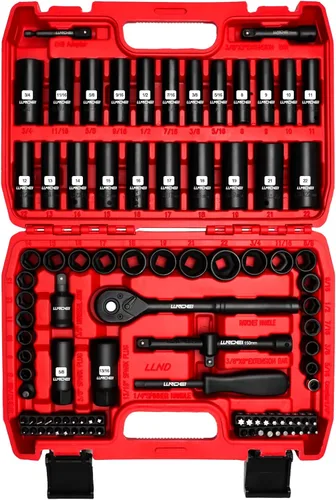 LLNDEI Juego de llaves de impacto de 3/8", SAE estándar (5/16 a 3/4-pulgada) Tamaño métrico (8-22mm), 95 piezas, kit profundo y poco profundo de