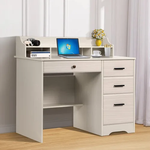 Miniatura 2 de Escritorio blanco para oficina en casa con 4 cajones y gabinete, mesa de computadora para dormitorio, blanco roto
