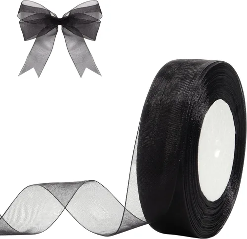 Cinta de organza transparente de 1 pulgada, 50 yardas, cinta de gasa negra para envolver regalos, decoración de Navidad, Halloween, ramo de boda y
