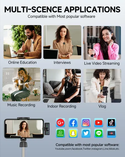 Miniatura 8 de Paquete de 2 micrófonos de solapa inalámbricos para iPhone 15, Android, USB C, iPad con adaptador incluido, mini micrófono de solapa con cancelación