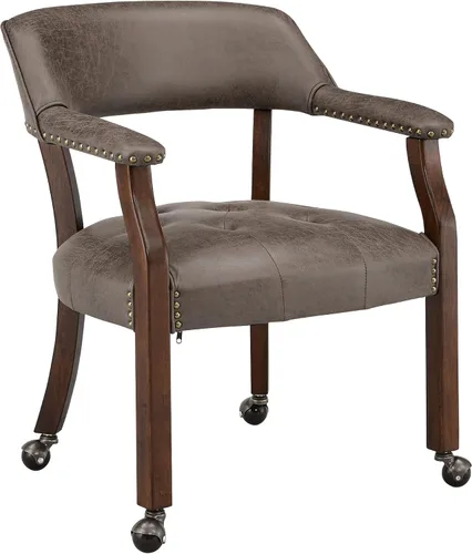 Miniatura 21 de Sillas de comedor con ruedas y brazo, sillas de capitán Caster Boss con patas de madera maciza, sillas de escritorio de oficina con botón tapizado