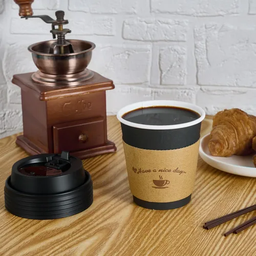 Miniatura 4 de LITOPAK Paquete de 100 tazas de papel para café de 10 oz, tazas desechables negras con tapas, mangas y palillos para remover para bebidas de 10 oz