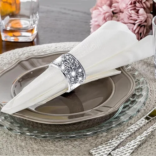 Miniatura 3 de Juego de 12 servilleteros de diamantes de imitación plateados, servilleteros de cristal triturados con hebillas para cena, boda, fiesta, vacaciones