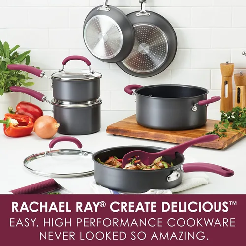Miniatura 2 de Rachael Ray Create Delicious - Juego de ollas y sartenes antiadherentes anodizadas duras, 11 piezas, asas burdeos Asas Borgoña