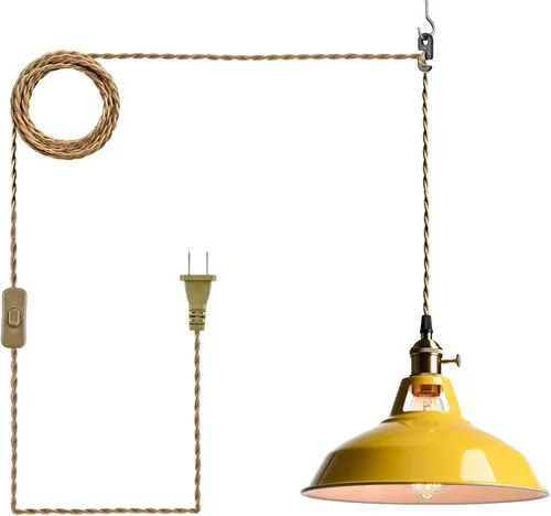 YUBOLE Lámpara colgante nórdica con enchufe, lámpara colgante de metal para granero, lámpara colgante para cocina, dormitorio, vestíbulo, amarilla