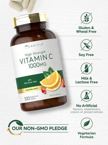 Miniatura 4 de Carlyle Vitamina C 1000mg 300 Cápsulas vegetales vegetarianas Ácido ascórbico con escaramujos silvestres Fórmula de alta potencia Suplemento