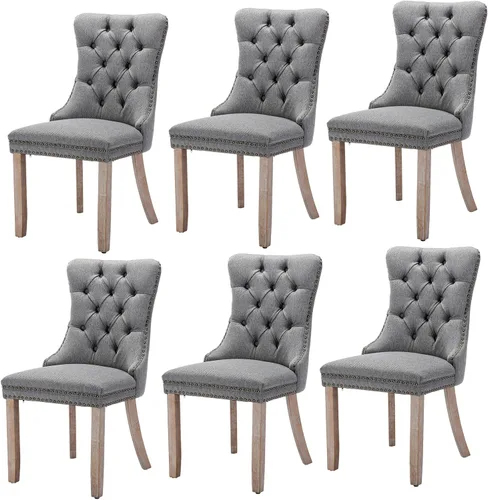 Miniatura 45 de Juego de 6 sillas de comedor modernas para sala de estar, cocina, patas de madera maciza, cojín acolchado de tela de lino, asiento y respaldo