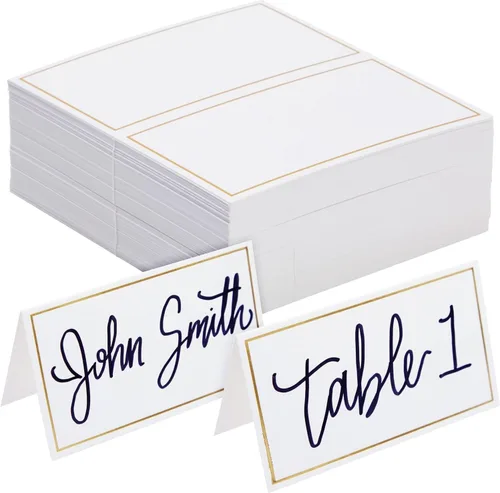 Best Paper Greetings Tarjetas de lugar para mesa – 3.5 x 2 pulgadas plegadas, paquete de 100, blanco y dorado – Tarjetas de nombre de boda para mesa