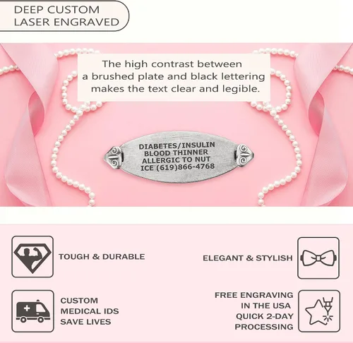 Miniatura 4 de Divoti Custom Engraved Medical Alert Bracelets for Women Stainless Steel Medical Bracelet Medical ID Bracelet wAntique Silver Plating Heritage