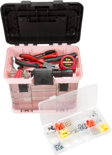 Caja de herramientas Stalwart línea que cuenta con estantes, para piezas y artesanías, con 4 organizadores Rosa