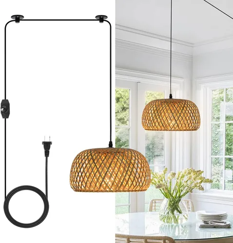 Miniatura 10 de HuisMier Lámpara Colgante de Ratán con Enchufe, Luz Colgante de 15 Pies con Pantalla de Cesta Tejida de Mimbre, Lámpara Colgante Bohemia Regulable